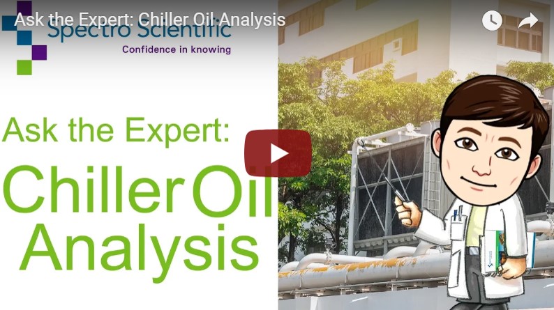 Drawing of man in lab coat pointing at a building with wording Ask the Expert: Chiller Oil Analysis