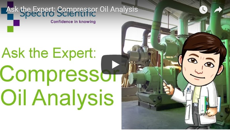 Drawing of man in lab coat pointing at green pipes with wording Ask the Expert: Compressor Oil analysis