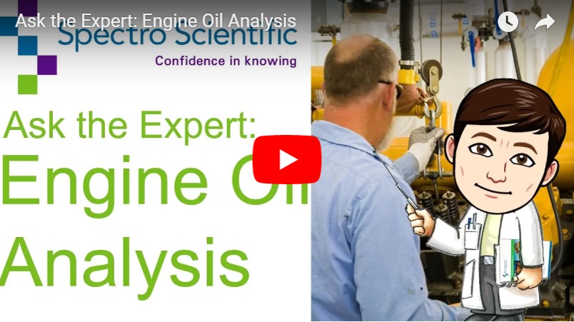 Drawing of a man in a lab coat pointing at a man working on an engine with the words: Ask the Expert: Engine oil analysis