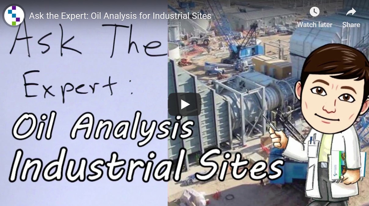 Drawing of man in lab coat pointing at an industrial site with the words: Ask the Expert: Oil Analysis Industrial sites
