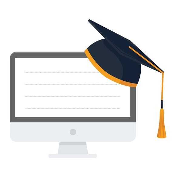 Drawing of a computer with a graduation hat on it