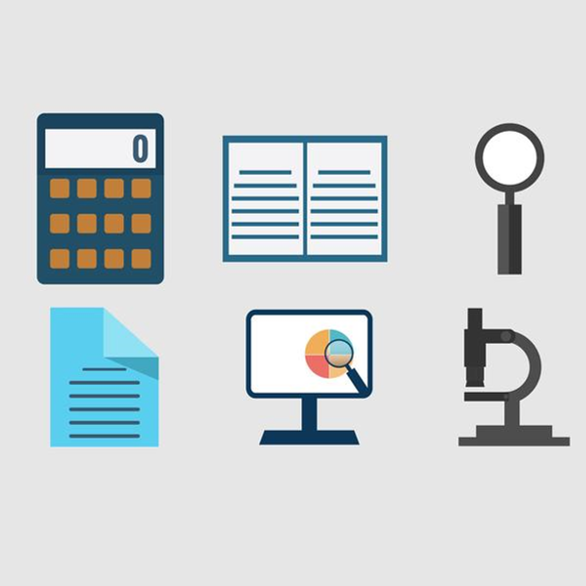 Graphics of a calculator, a book, a maginfiying glass, a paper, a computer a microscope